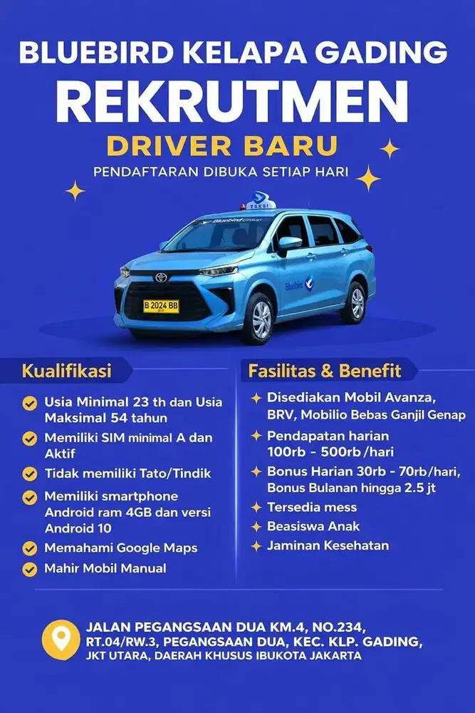 Lowongan Kerja Driver Taxi Bluebird Pool Kelapa Gading