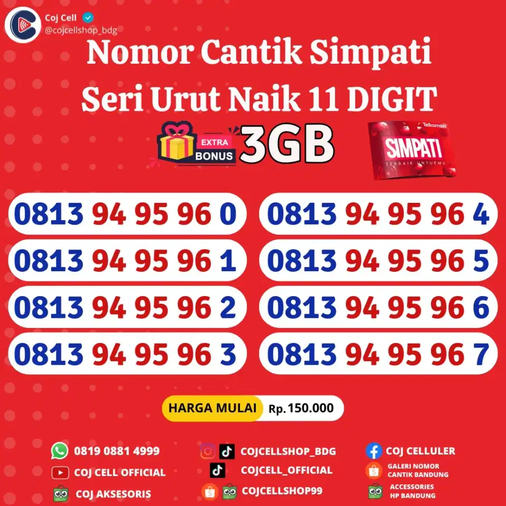 Nomor Cantik Simpati Seri Urut Naik 11 Digit - Bonus 3GB!