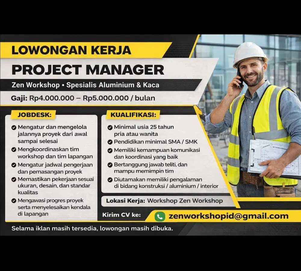Lowongan kerja project manager / penanggung jawab project /