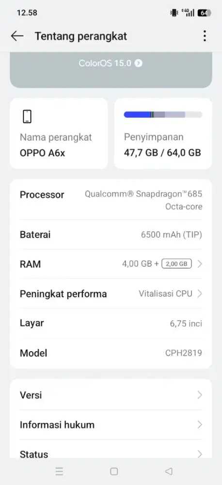 Di jual hp Oppo a6x fullshet nomius warna ungu ram 4+2/64