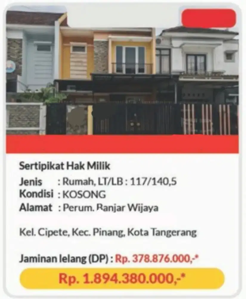 Dijual Rumah Banjar Wijaya Cipete Pinang