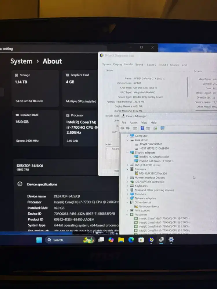 Laptop MSI Gaming i7 16gb GTX 1050Ti SSD TT laptop 1650 asus rog tuf