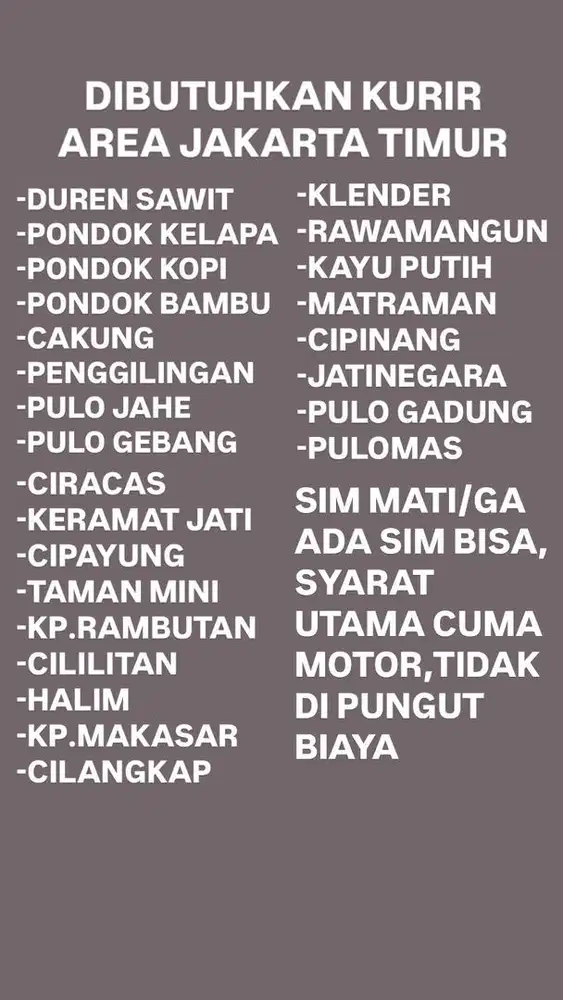 DIBUTUHKAN KURIR PAKET MOTOR SIM MATI/GA ADA SIM BISA