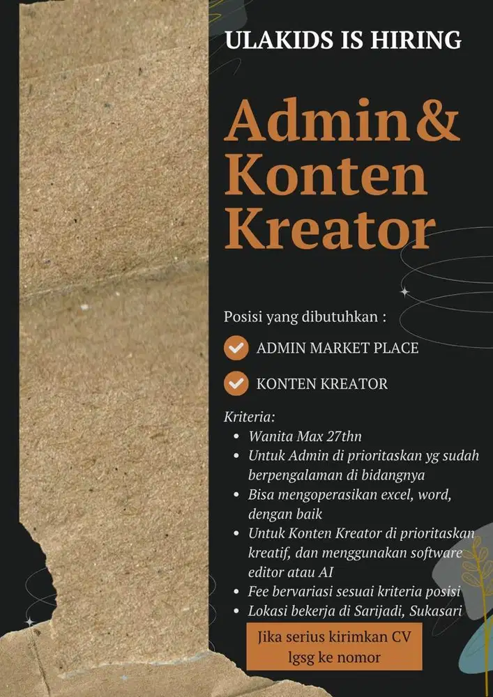 Lowongan Admin Onlineshop dan Konten Kreator