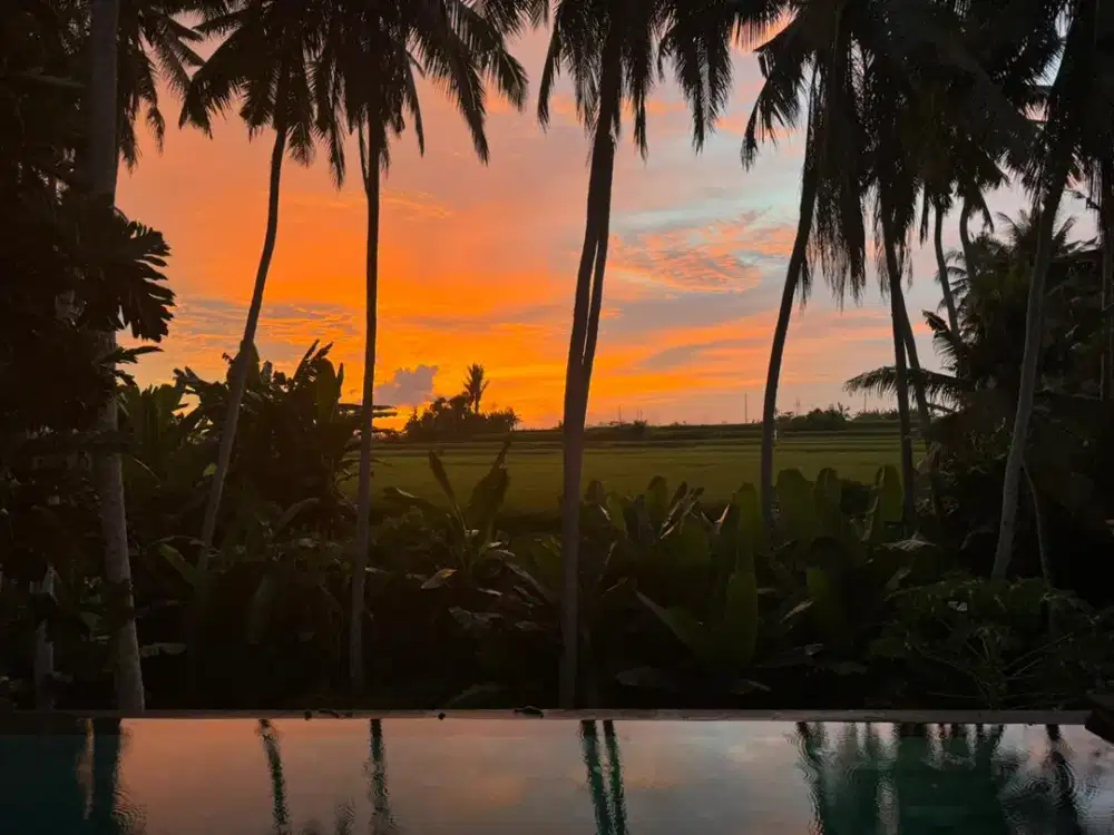 vila semi-furnished yang indah dengan sungai kecil, sawah, dan pemandangan matahari terbenam di Gianyar