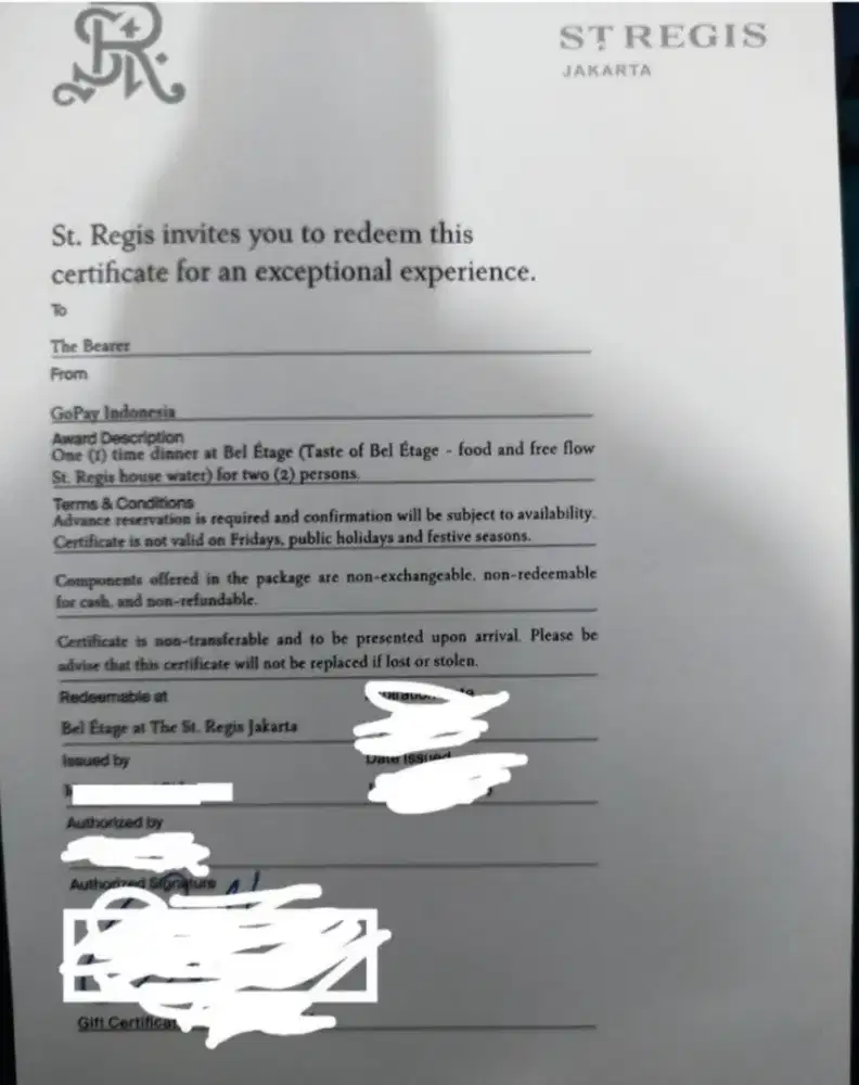 Voucher Dinner Bel Etage St. Regis Jakarta