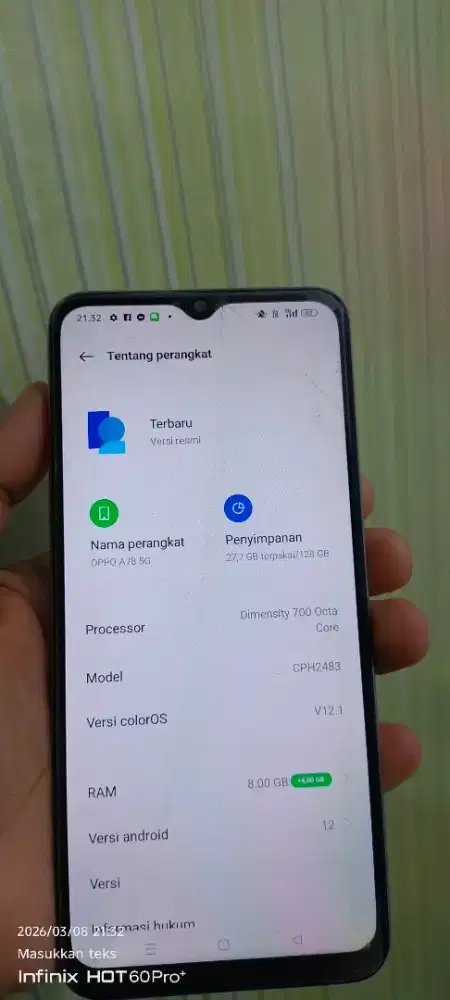 OPO. A78 5g refurbis. 8/128 mnus retak 2 helai normal smua
