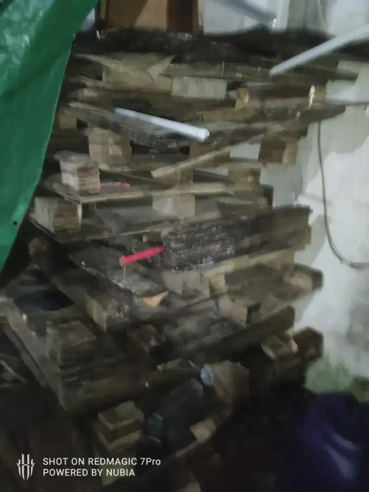Kayu bakar bekas palet kena hujan