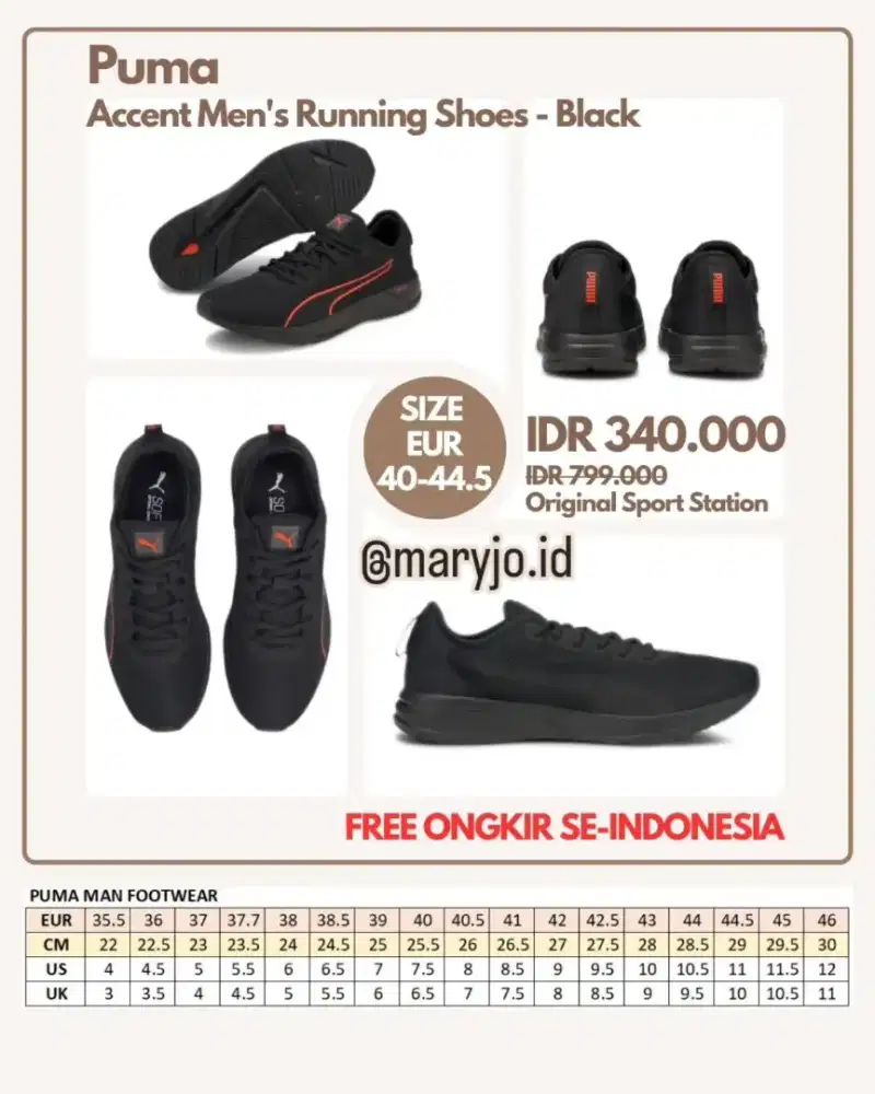 Puma Accent Men's Running Shoes - Black | Sepatu Lari Pria Sz 40.5-44