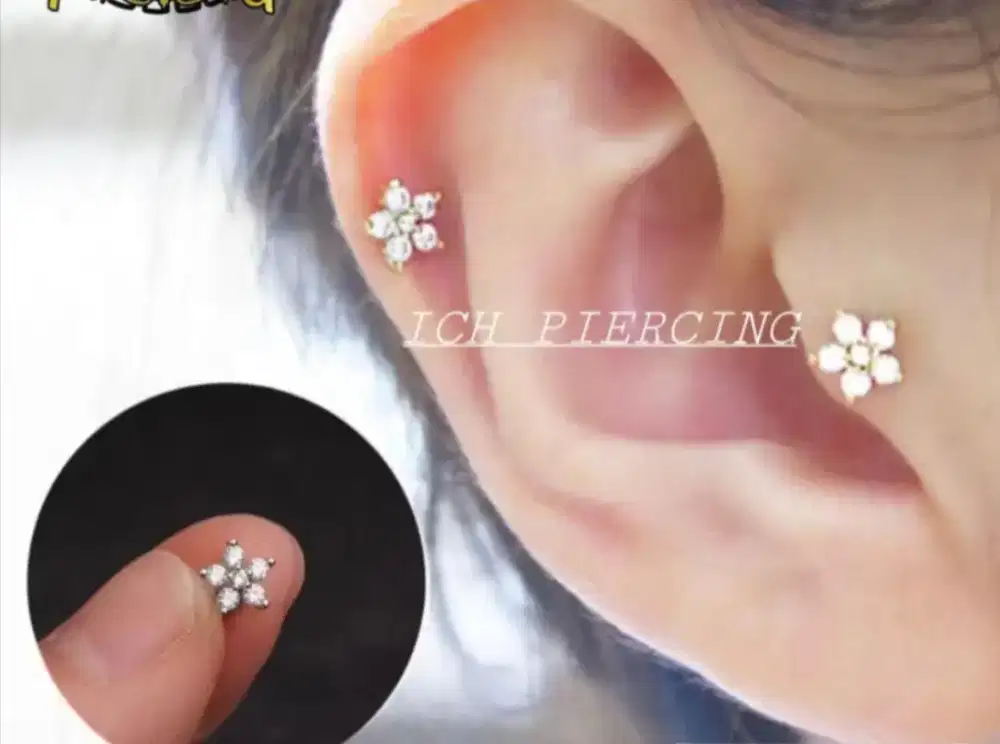 1 pc anting piercing bunga full zircon bahan titanium.