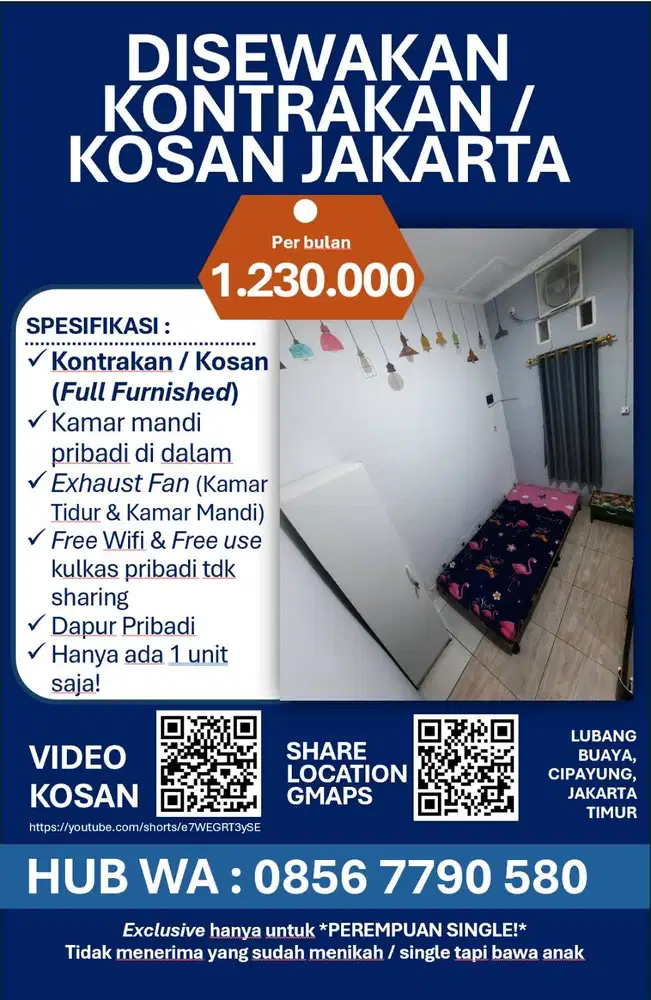 KONTRAKAN / KOSAN (Full Furnished) 1.230.000 JAKARTA TIMUR