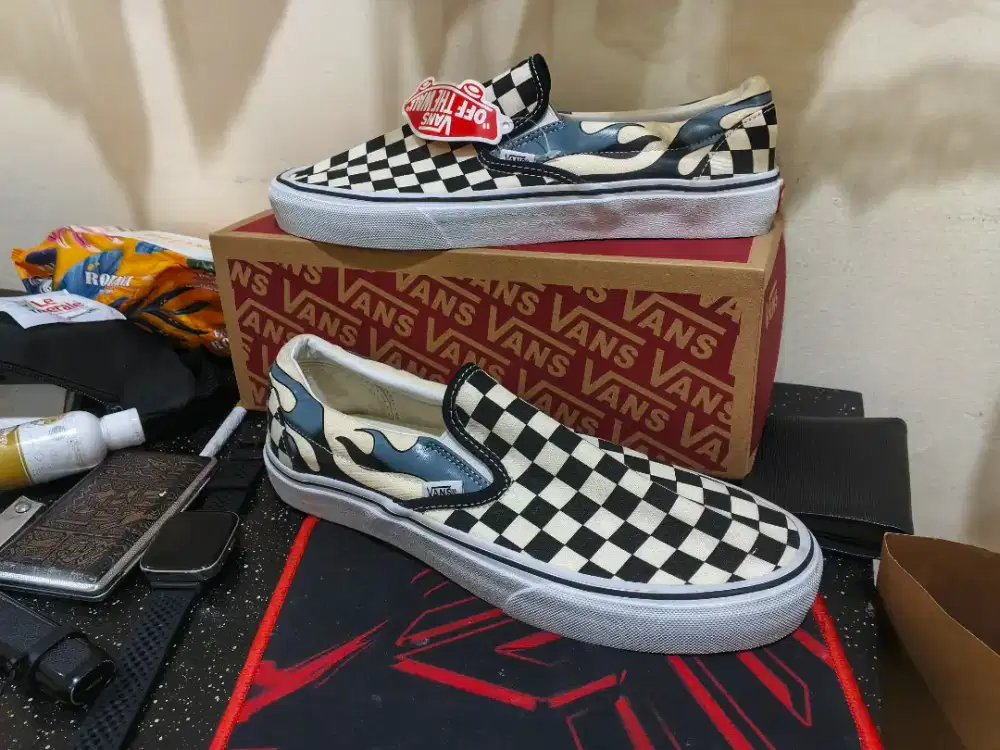 Vans Slip-On Checkerboard Flame Black White Blue.