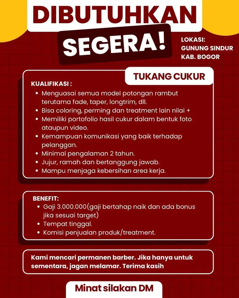 Dibutuhkan segera permanen barber