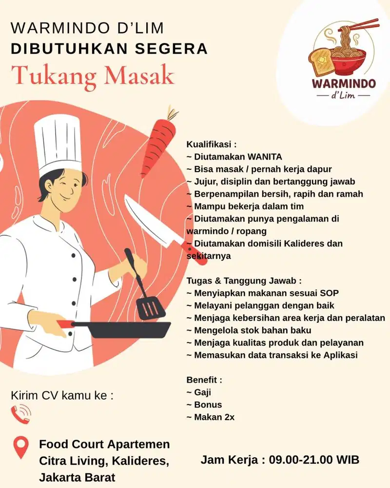 Lowongan Kerja Masak dan Jaga Warmindo