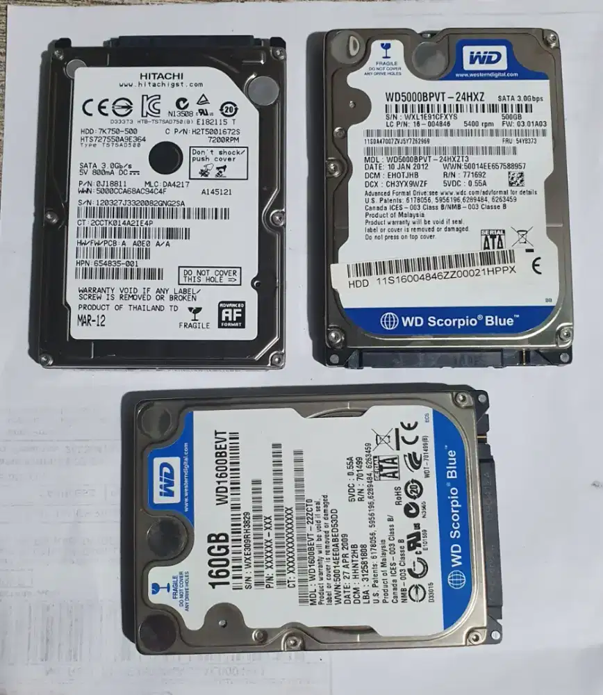 Hardisk laptop 160gb, 500gb 100/100% siap pakai