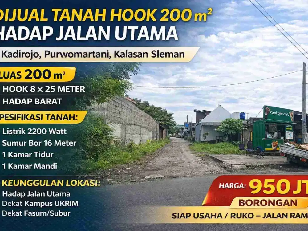 Tanah Hook 200 m² Hadap Jalan Utama Dekat Kampus UKRIM Kalasan – Cocok Usaha / Ruko