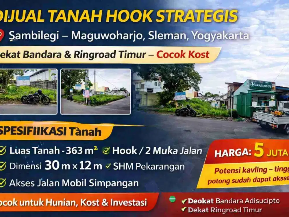 Tanah Hook 363 m² Sambilegi Maguwoharjo Sleman – Dekat Bandara & Ringroad Timur Cocok Kost
