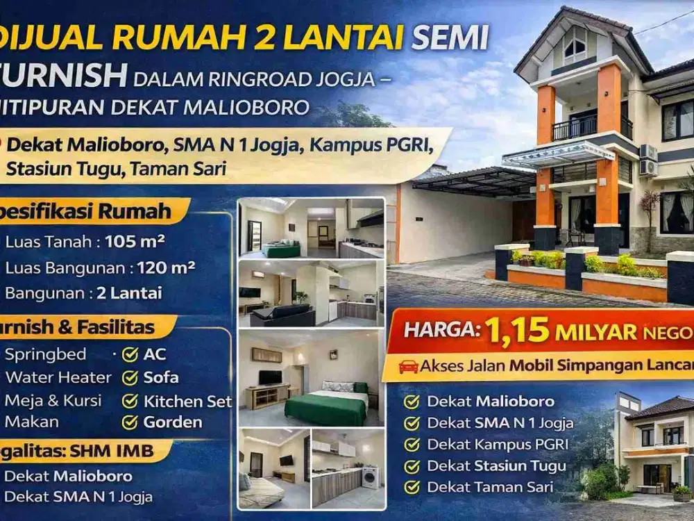 Rumah 2 Lantai Semi Furnish Dalam Ringroad Jogja – Nitipuran Dekat Malioboro