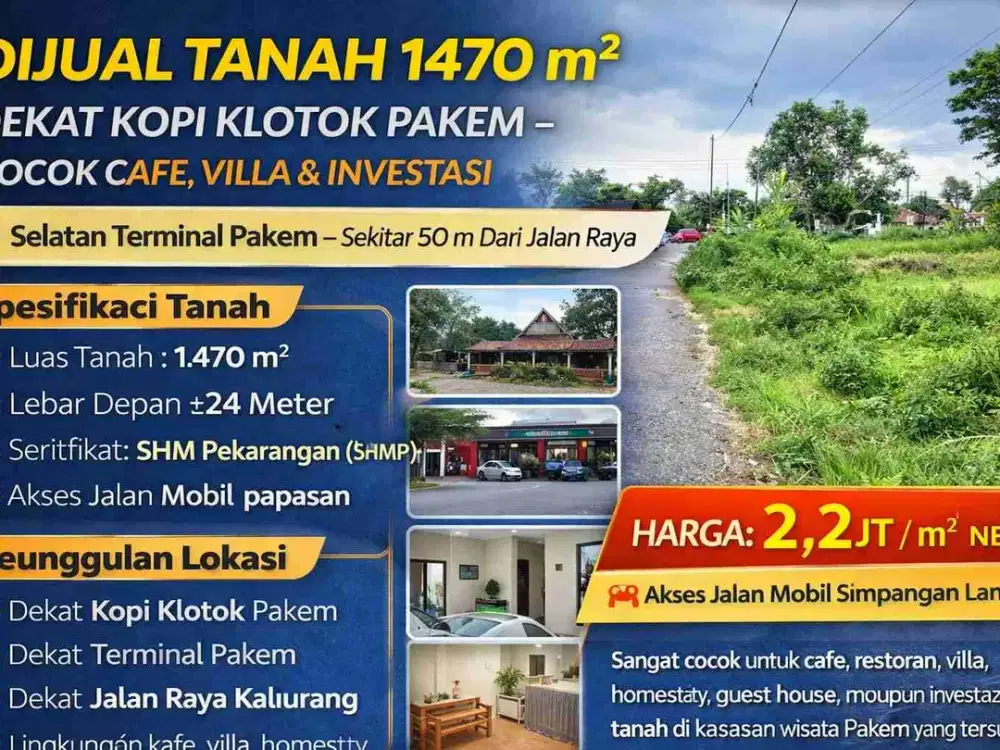 Tanah 1470 m² Dekat Kopi Klotok Pakem – Cocok Cafe, Villa & Investasi