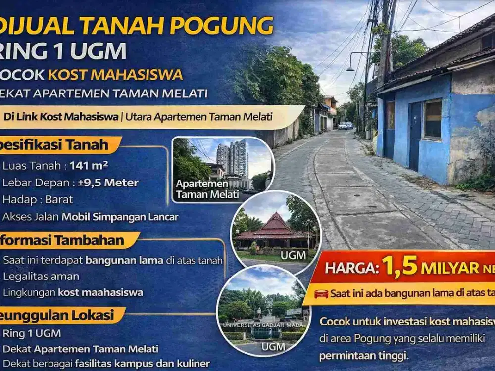 Tanah Pogung Ring 1 UGM – Cocok Kost Mahasiswa Dekat Apartemen Taman Melati