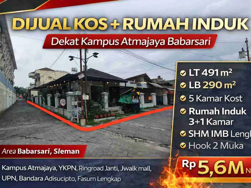 Kos + Rumah Induk Hook Dekat Kampus Atmajaya Babarsari – LT 491 m²
