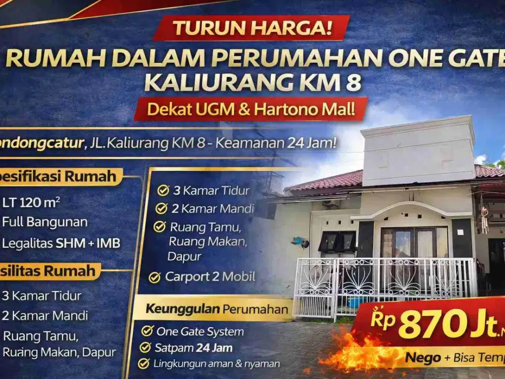 Rumah Dalam Perumahan One Gate Kaliurang KM 8 – Dekat UGM & Hartono Mall