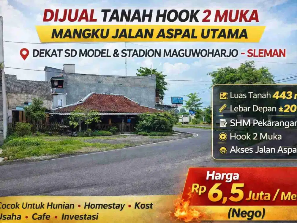 Tanah Hook 2 Muka Strategis Dekat Stadion Maguwoharjo Sleman