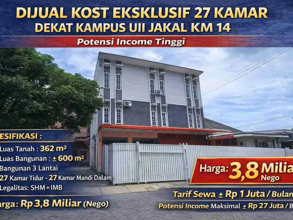 Dijual Kost Eksklusif 27 Kamar Dekat Kampus UII Jakal Km 14 – Potensi Income Tinggi