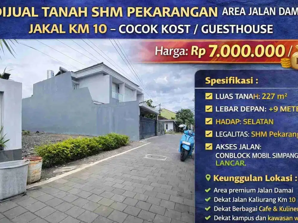 Dijual Tanah SHM Pekarangan Area Jalan Damai Jakal Km 10 – Cocok Kost / Guesthouse