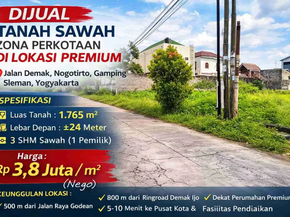 Tanah 1765 m² Zona Perkotaan Dekat Ringroad Demak – Cocok Perumahan Premium