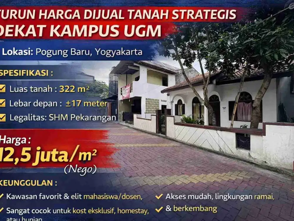 Turun Harga! Tanah Strategis 322 m² Dekat Kampus UGM Pogung Baru