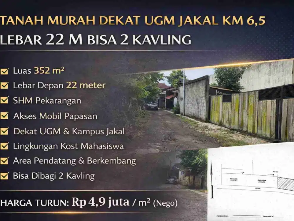 Tanah Murah Dekat UGM Jakal Km 6,5 – Lebar 22 m Bisa 2 Kavling