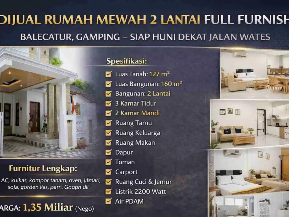 Rumah Mewah 2 Lantai Full Furnish Balecatur Gamping – Siap Huni Dekat Jalan Wates