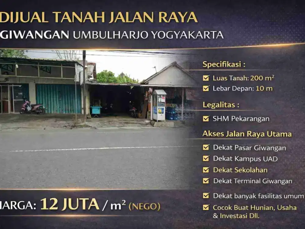 Tanah Strategis Pinggir Jalan Raya Giwangan Umbulharjo – Dekat Pasar & Kampus UAD