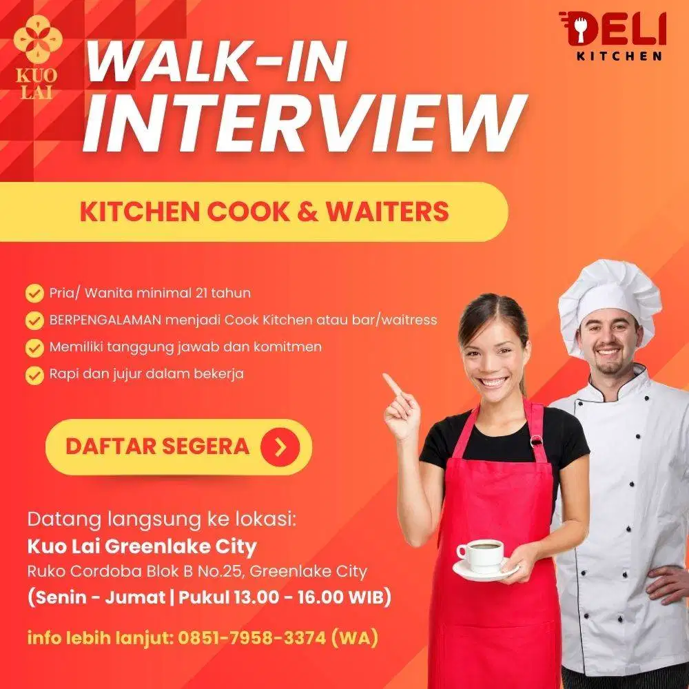 WALK-IN INTERVIEW WAITRESS DAN KITCHEN COOK GREENLAKE & MARLIN SQUARE