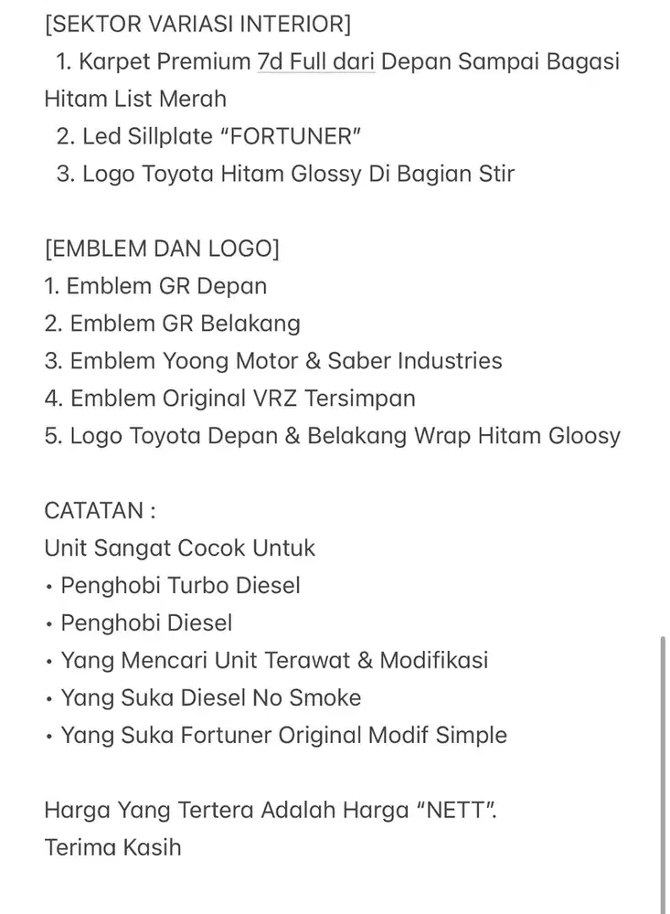 FORTUNER VRZ ISTIMEWA MODIFIKASI BRANDED