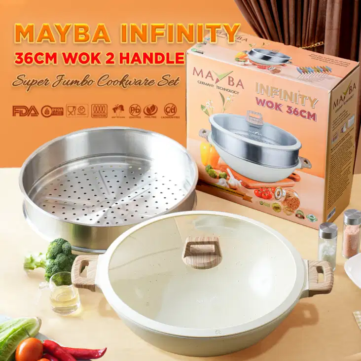 Wajan Wok Pan 36cm Anti Lengket Granit Tutup Kaca + Steamer