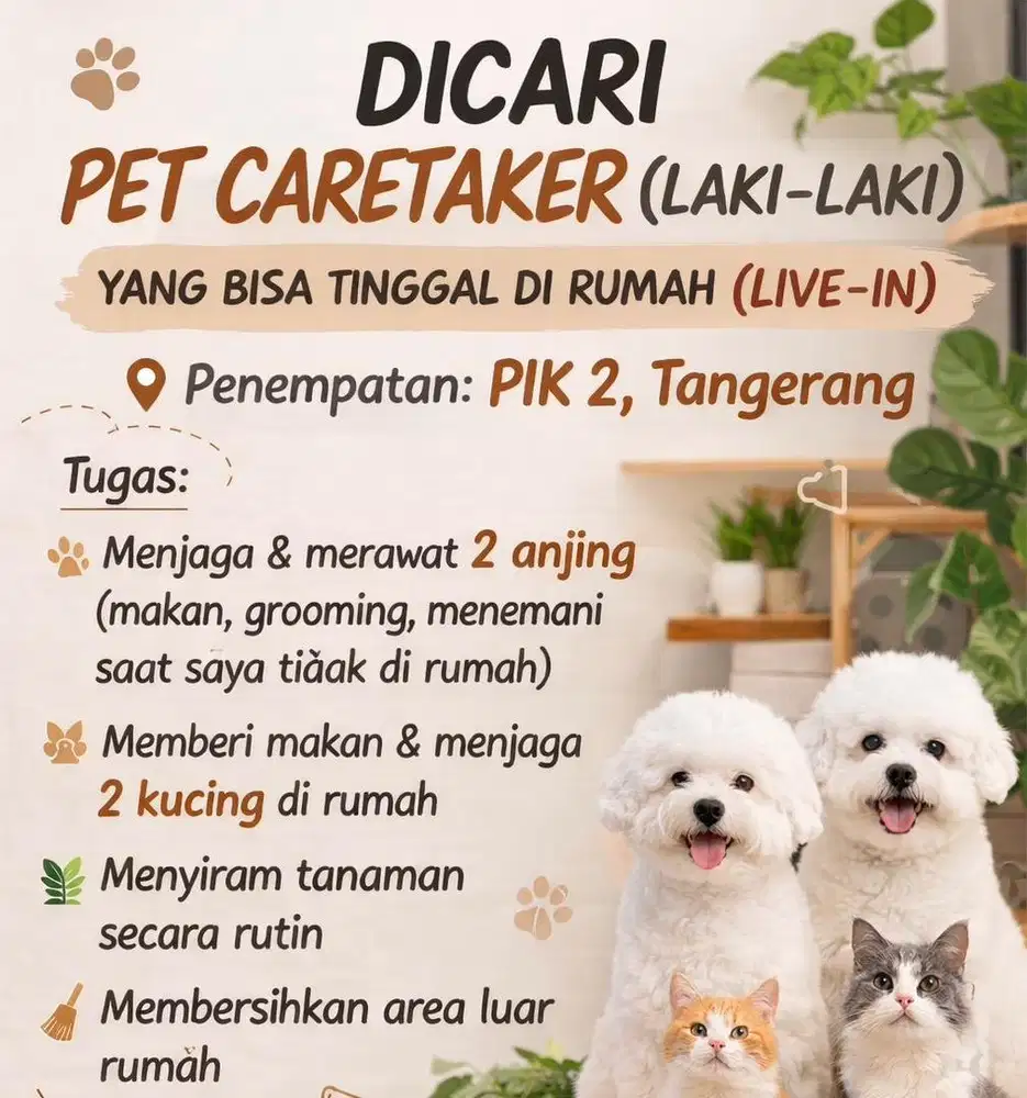 Dicari Pet Taker KENNEL BOY  ( Pengurus Binatang dirumah ) di PIK