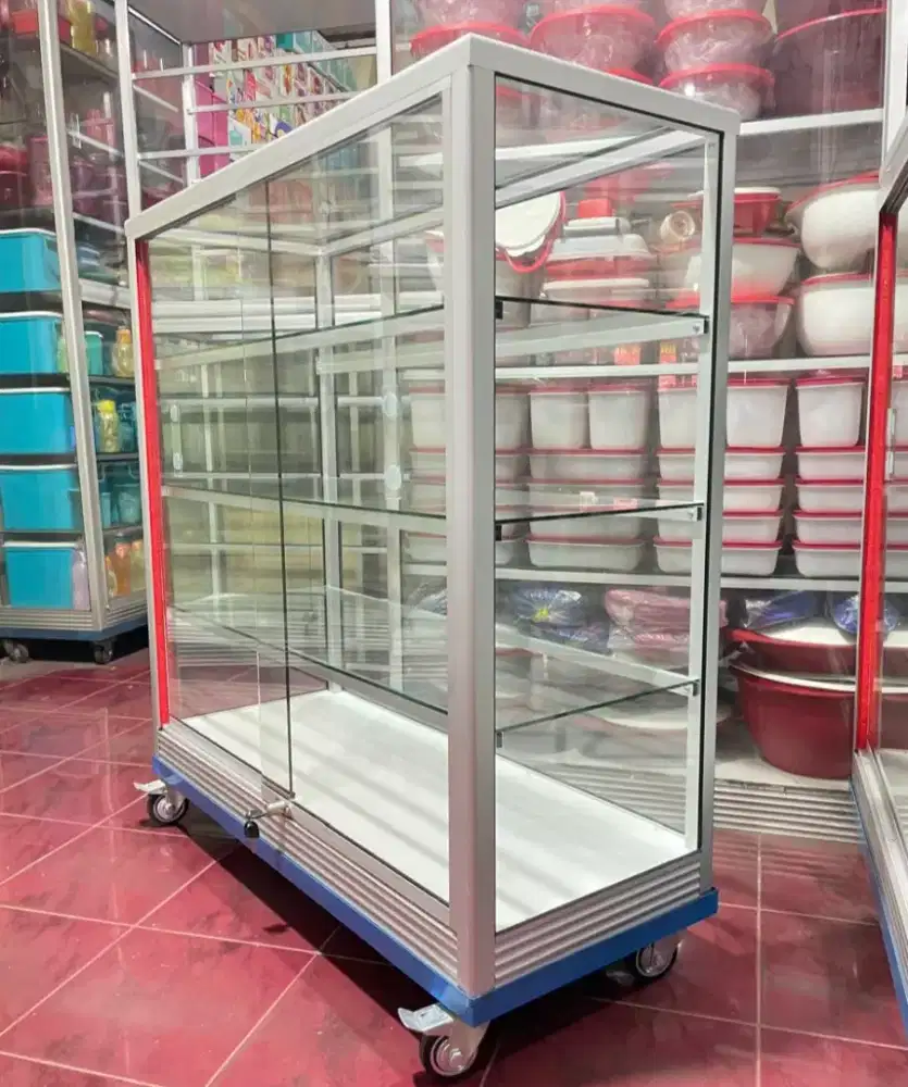 Etalase Panjang 1Mx1M Sudah Pake RODA BESAR & Kunci || Buat Toko dll