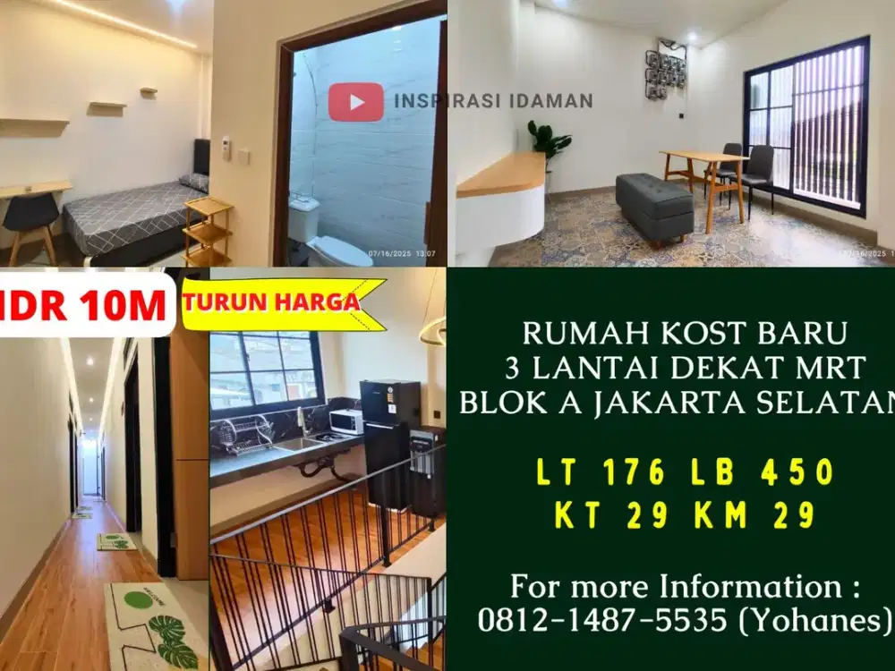 Rumah Kost Baru 29 Kamar dekat MRT Blok A Kebayoran Baru