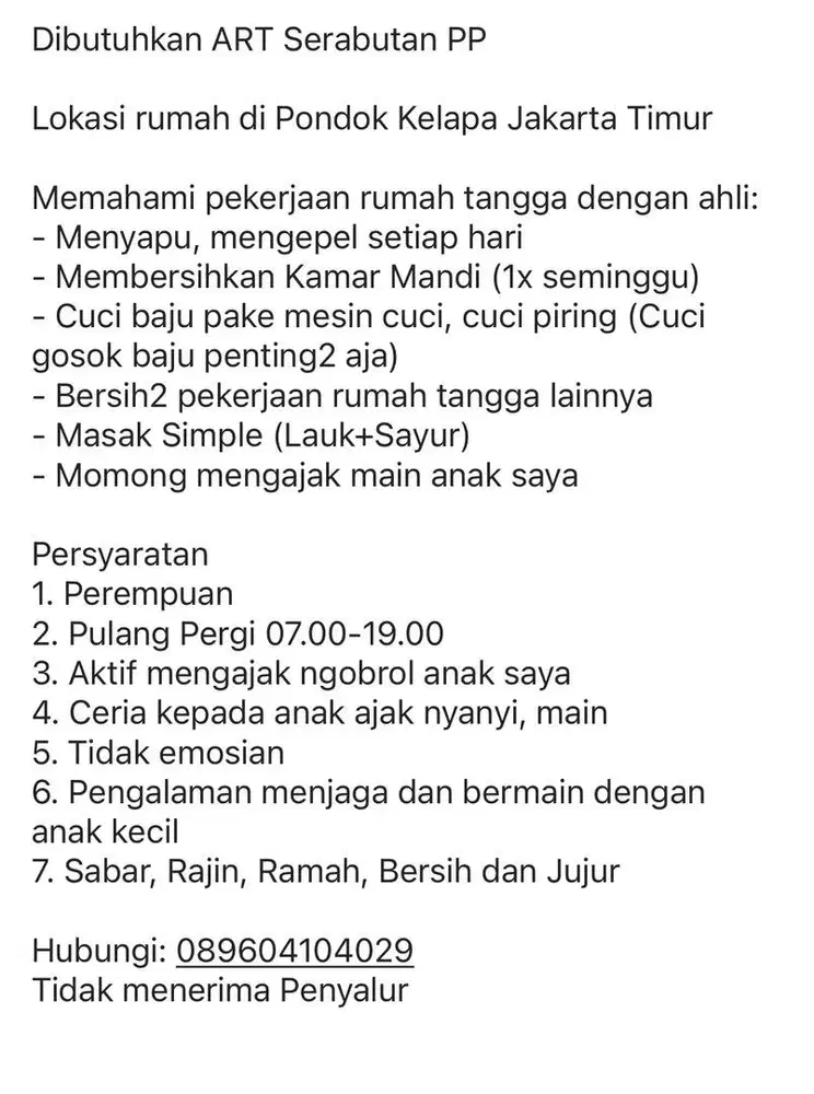 Dibutuhkan ART Serabutan