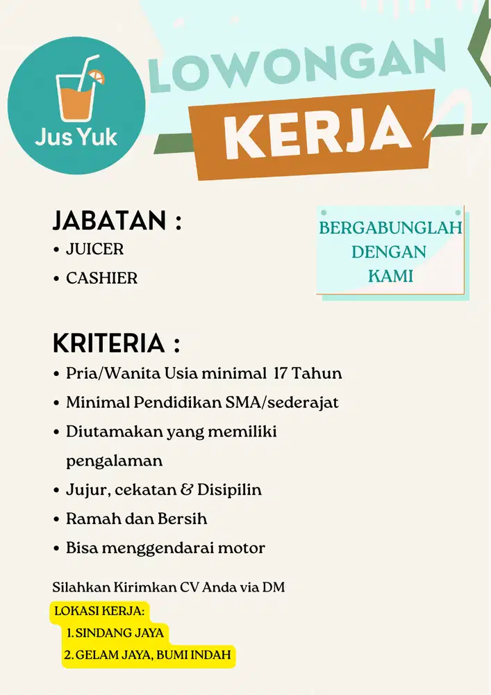 Kedai Jus Yuk sedang mencari pegawai untuk posisi Kasir & Juicer.
