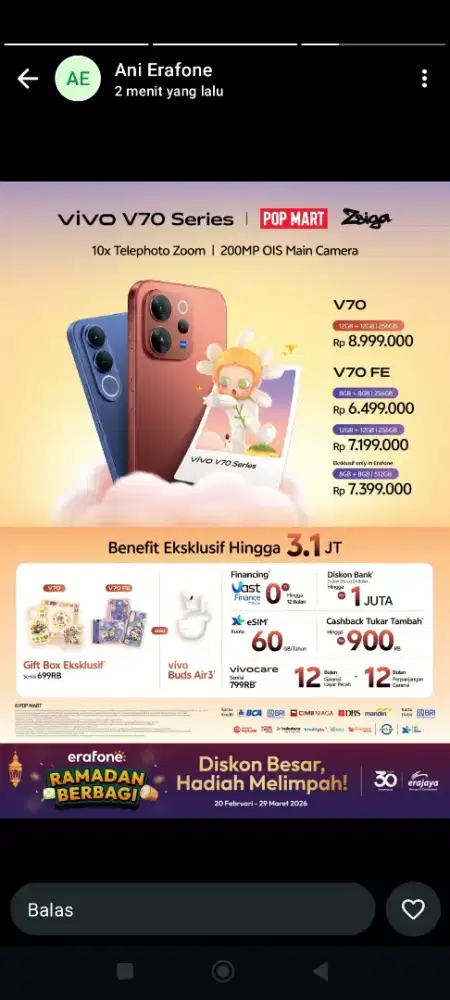 Pree order Vivo V70 FE 8/256 Lokasi Surabaya Barat