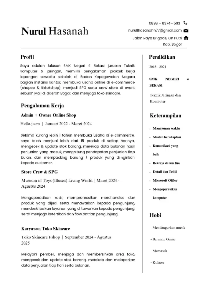 Mencari lowongan kerja Admin/Crew/Spg/Fnb