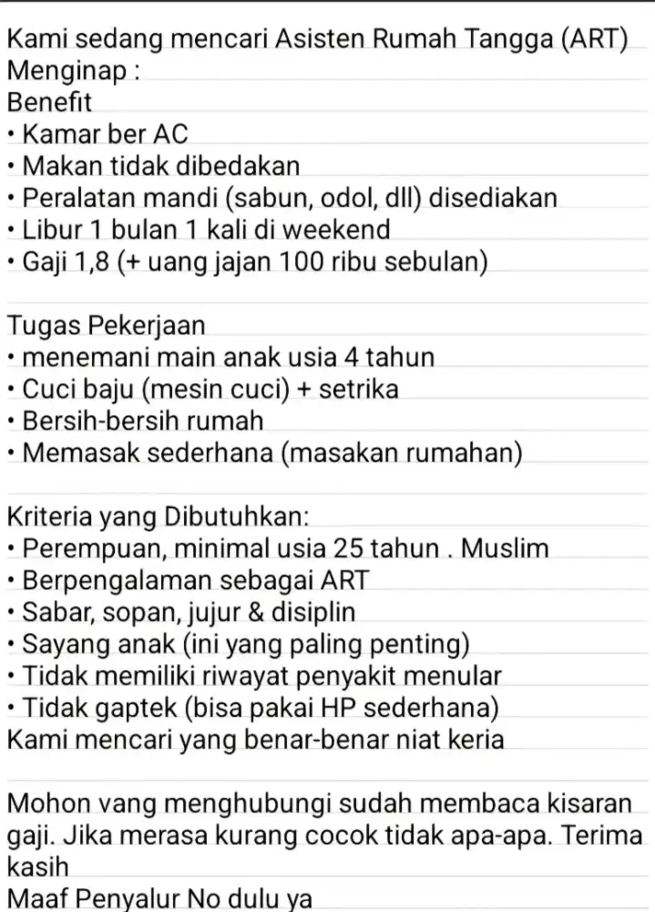 Mencari ART Menginap lokasi pondok ranggon