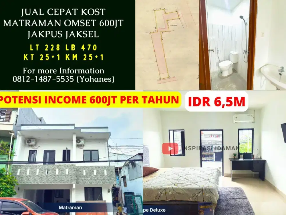 Jual Cepat Kost Matraman 25KT omset 600jt Jakpus Jaksel
