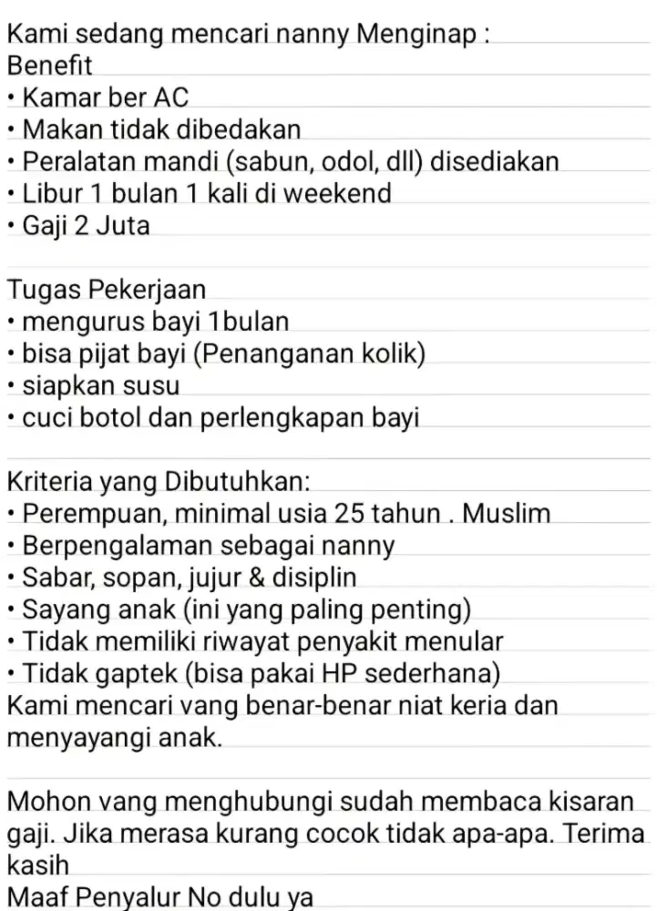 Mencari nanny (baby sitter)