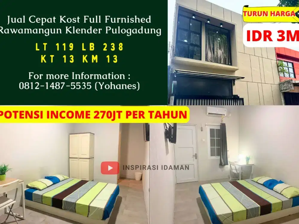 Jual Cepat Kost luas 119mtr 13KT Full Furnish Rawamangun Klender Pulogadung