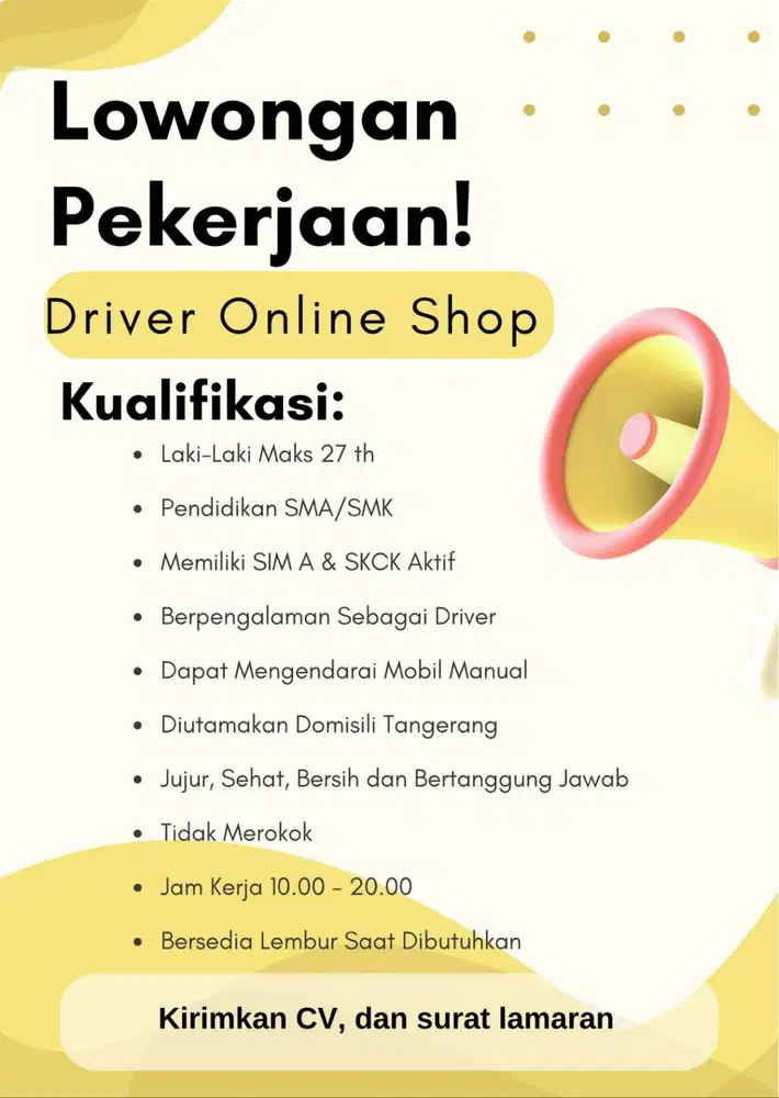 Dibutuhkan Segera Driver Pengiriman Paket SIM A AREA TANGERANG