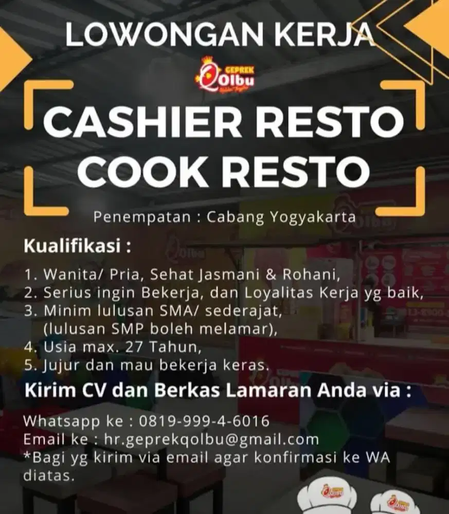 Di butuhkan unk kasir dan cook
